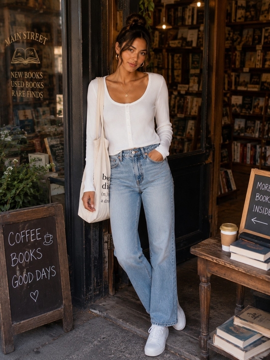 Scoop Tops - Scoop White Ribbed Scoop Neck Long Sleeve Top | Faux Pearl Button Knit | Size L